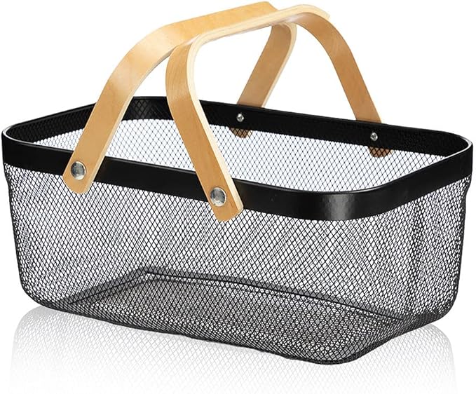 IBWell Square Metal Wire Woven Fruit Storage Bowl Basket with Wooden Handle, Large Black Mesh Fruit Stand, Multi-function Hanging Kitchen Baskets (Black, Extended)