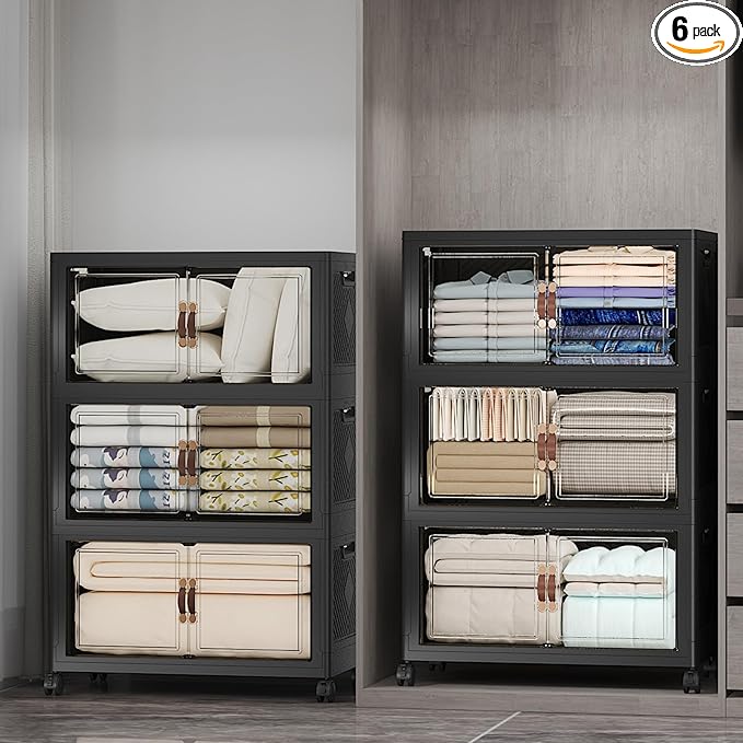 Extra Large Stackable Storage Bins with Lids & Wheels & Door, 960QT-160QT/40GAL*6Pack Foldable Collapsible Closet Organizers, Plastic containers drawers for bedroom Dorm