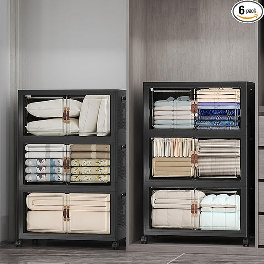 Extra Large Stackable Storage Bins with Lids & Wheels & Door, 960QT-160QT/40GAL*6Pack Foldable Collapsible Closet Organizers, Plastic containers drawers for bedroom Dorm
