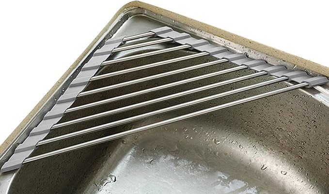 Over the Sink Dish Drying Rack Roll Up Dish Drying Rack and Triangle Dish Drying Rack for Sink Kitchen Corner Dish Drainer Mat Foldable Stainless Steel Corner Sink Rack for Kitchen (Triangle)