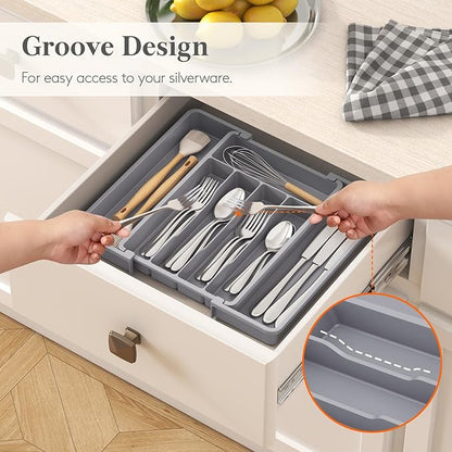 Lifewit Silverware Drawer Organizer, Expandable Utensil Tray for Kitchen, BPA Free Flatware and Cutlery Holder, Adjustable Plastic Storage for Spoons Forks Knives, 8.5"-14.1" x 12.1", Gray