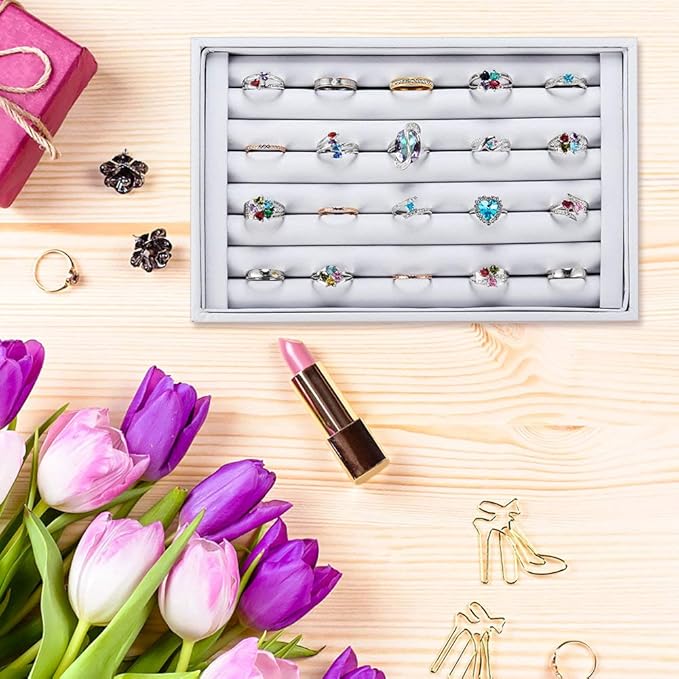 Valyria Velvet 7 Slots Ring Earrings Trays Showcase Display Jewelry Organizer (White PU Leather)