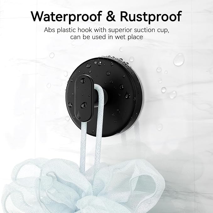 Josmimic Suction Cup Hooks for Shower, Removable Towel Hooks for Bathroom, Kitchen, Glass Door, Mirror, Tile – Loofah, Towel, Coat, Bath Robe Hook for Hanging, Black 4 Pack