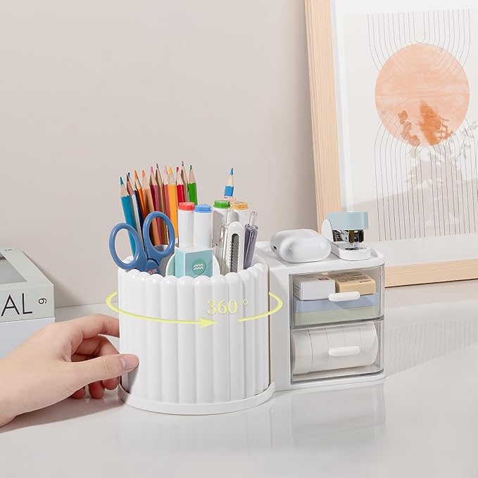 Anyoifax 360° Rotating Pen Holder 7 Slots Desk Organizer with Drawer Removable Pencil Cup Plastic Art Supplies and Accessories Desktop Storage Box Caddy for Office, School, Home (White)