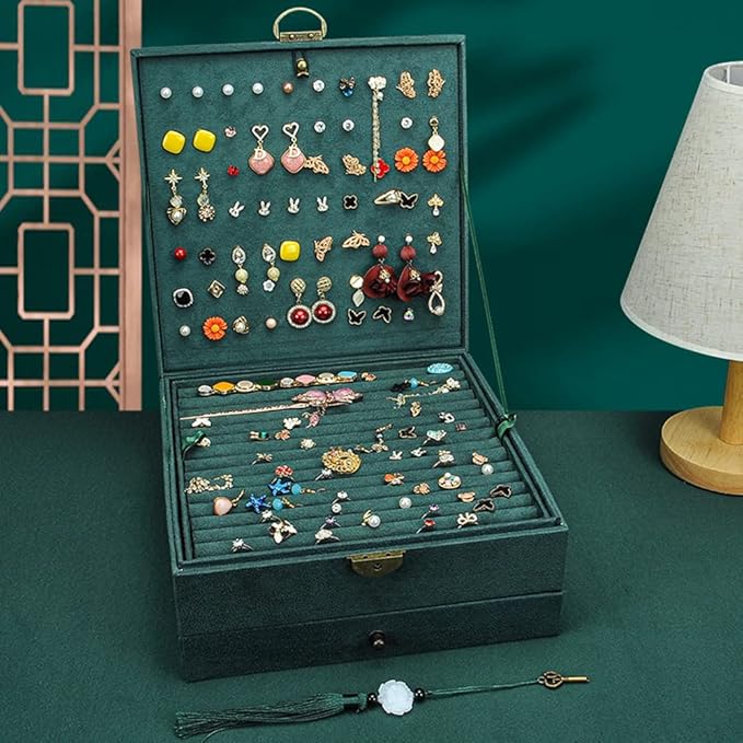 Jewelry Organizer 5 Layers Velvet Square Jewelry Box Women Necklace Ear studs Display Bangles Large Jewelry Storage Case Drawer GY306 (blackish green)