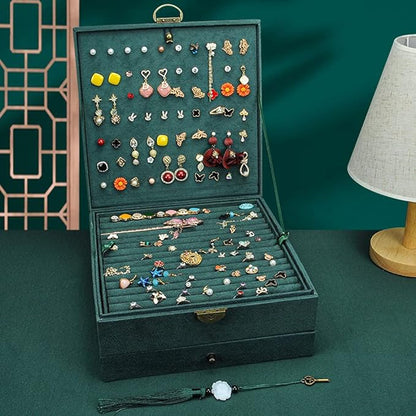 Jewelry Organizer 5 Layers Velvet Square Jewelry Box Women Necklace Ear studs Display Bangles Large Jewelry Storage Case Drawer GY306 (blackish green)