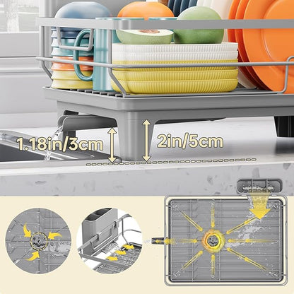 TOOLF Space-Saving Dish Drying Rack, Multifunctional Dish Rack for Kitchen Counter,Sink Dish Drainer Rack, Dishes Strainer with Drain Board & Cutlery Holder, Compact Dryer Rack,Gray