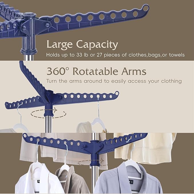 Beaudaily Clothes Drying Rack, Foldable 74.8-Inch Laundry Drying Rack, Indoor 2 Tier Drying Rack Clothing with Rotatable Arms, Stainless Steel, Holds 54 Pieces, Space Saving, Blue and Silver