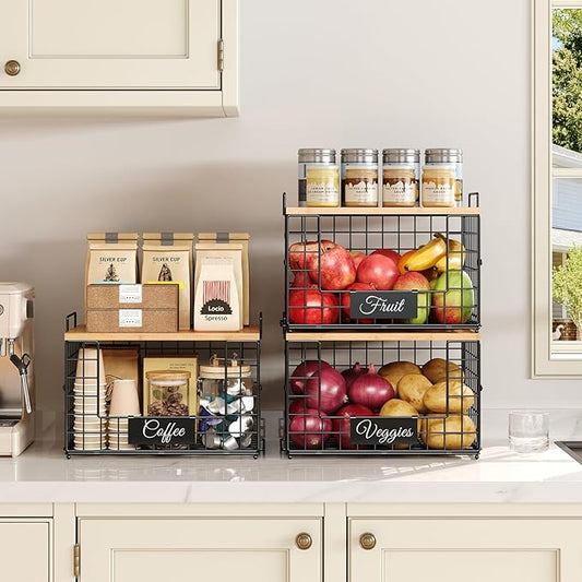 keomaisyto Pantry Organizers and Storage, 2 Set XXL Stackable Wire Baskets with Wooden Tops & Tags, Kitchen Counter Organizers Bins for Potato, Onion, Produce, Fruit, Vegetable