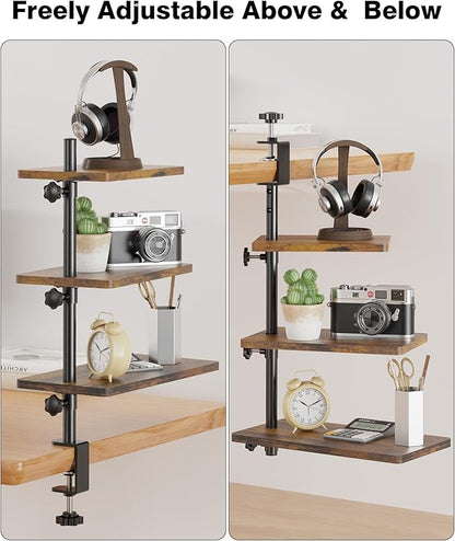 3 Tiers Clamp On Desk Shelf, 360° Angle Adjustable Desktop Shelf Organizer for Home Office Gaming Room, No Drill Desk Extender Adapt to 0.4-2.16 inches Table Thick, Black Brown
