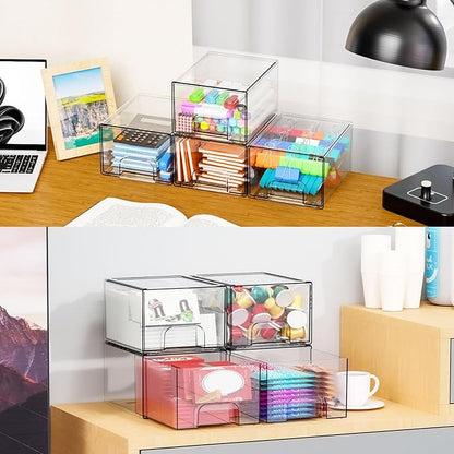 4.4" Tall Small Clear Acrylic Stackable Storage Drawers for Vanity,Under Sink,Bathroom Closet,Medicine Cabinet Organization and Plastic Storage Bins for Organizing Makeup,Baby Bottles,Pacifier,4 PCS