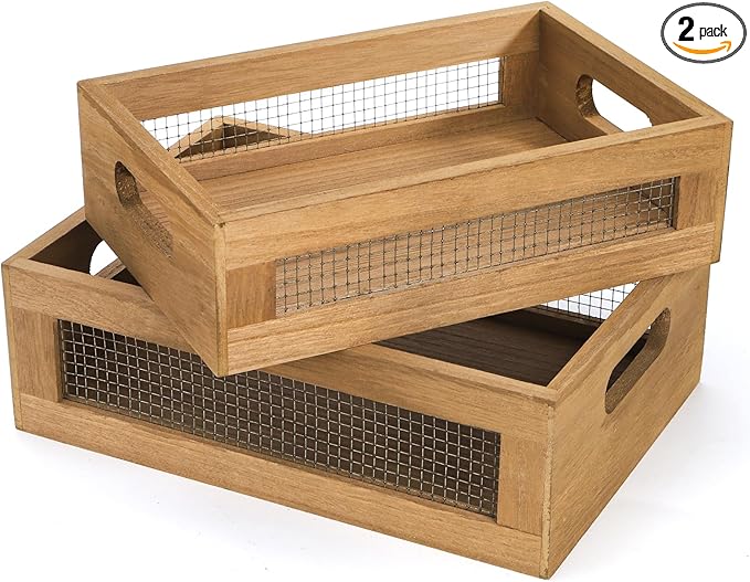 Dicunoy Set of 2 Decorative Wooden Crates, Rustic Countertop Nesting Basket with Handle, Antique Small Storage Containers for Fruit, Veggies, Kitchen, Bathroom, Shelf, Pantry, Gift Basket