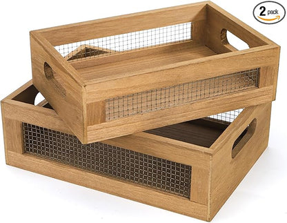 Dicunoy Set of 2 Decorative Wooden Crates, Rustic Countertop Nesting Basket with Handle, Antique Small Storage Containers for Fruit, Veggies, Kitchen, Bathroom, Shelf, Pantry, Gift Basket