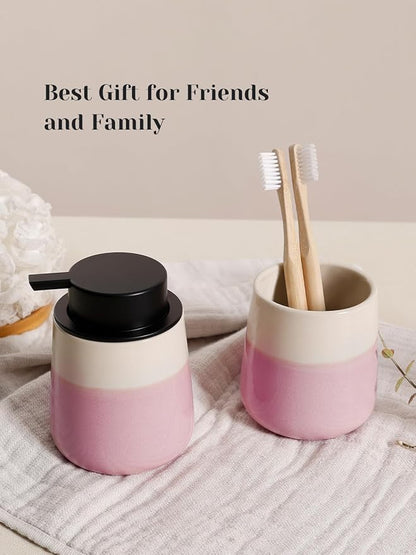 INGOFIN Ceramic Toothbrush Holder Cup, 12 oz Toothpaste Holder for Bathroom Vanity and Countertop, Organizer for Cosmetic, Makeup, Office Pencils, for Hotel Apartment, Beige and Pink
