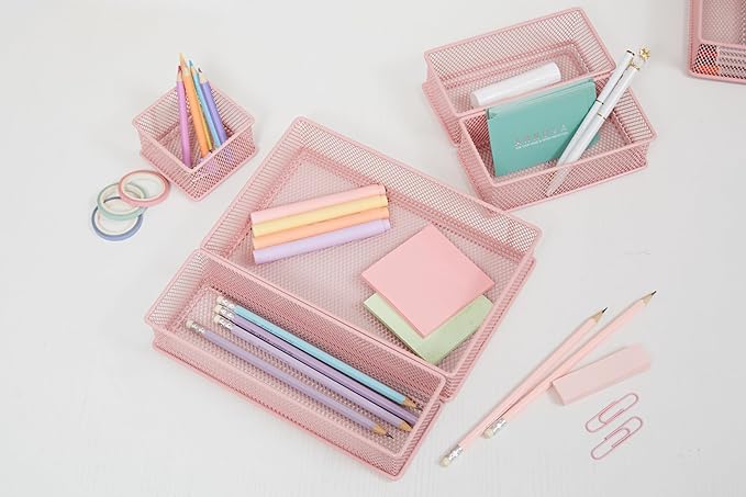 Annova Mesh Stackable Drawer Cabinet and Shelf Organizer Bins Storage Basket School Office Supply Holder Tray- Set of 2 (Light Pink, 3x9x2 Inch)