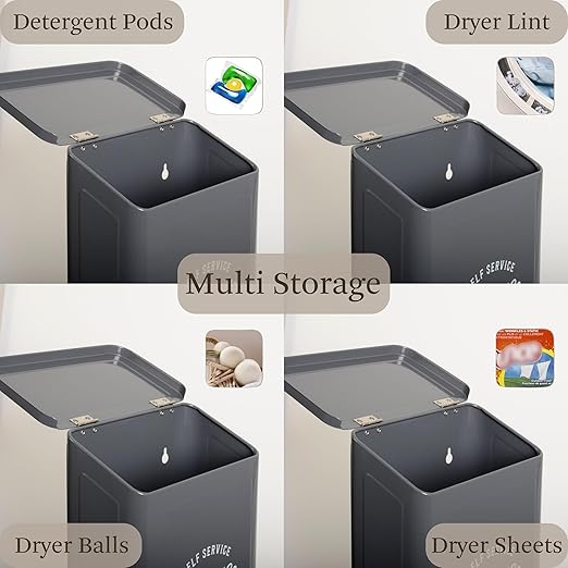 Magnetic Lint Bin for Laundry Room, Wall Mounted Lint Trash can with lid for Dryer, Farmhouse Laundry Co Sign, Laundry Room Organization and Storage Decor with Dryer Lint Brush(Grey)