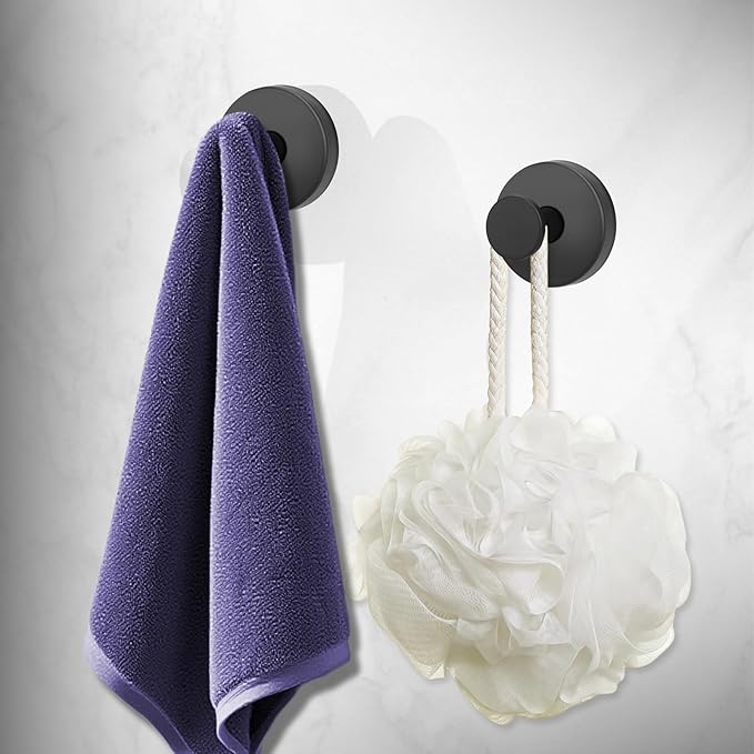 GMYOO Suction Cup Hooks for Shower, Bathroom,Glass Windows,Tile – Towel, Loofah, No-Drill Wreath Hanger for Front Door Waterproof Hook Hold,Black 4packs