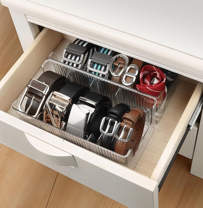 AUOIKK Acrylic Belt Organizer with Adjustable 4 Compartments & Stackable Design, Clear Storage for Closet and Drawer Organization