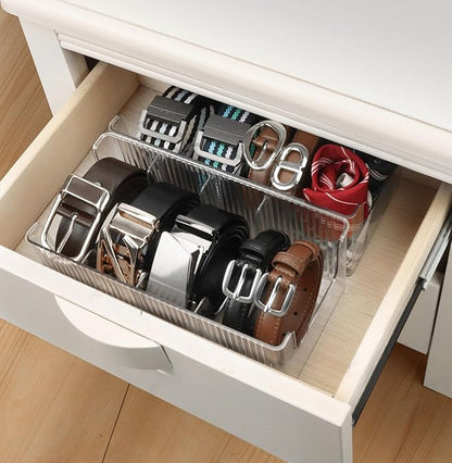 AUOIKK Acrylic Belt Organizer - 2 Pack with Adjustable 4 Compartments & Stackable Design, Clear Storage for Closet and Drawer Organization