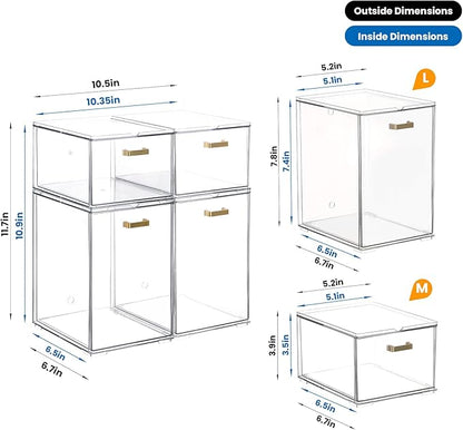 LALOBLUE Clear Stackable Drawer Organizer, 4 Pack Acrylic Storage Drawers with Pull-Out Design, Space-Saving Organizer for Bathroom, Vanity, Kitchen & Office