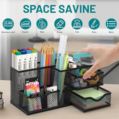 Mesh Desk Organizer, Pen Organizer with 2 Drawers and 5 Compartments, Versatile Pen Holder for Small Space, Desk Organizers and Accessories for School Office Supplies, Black