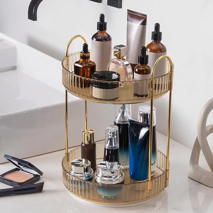 INVSSENE 360 Rotating Makeup Organizer, Yellow, Unisex, 2 Tier Countertop Storage, Large Capacity, Cosmetics, Perfume, Skincare, Lipsticks
