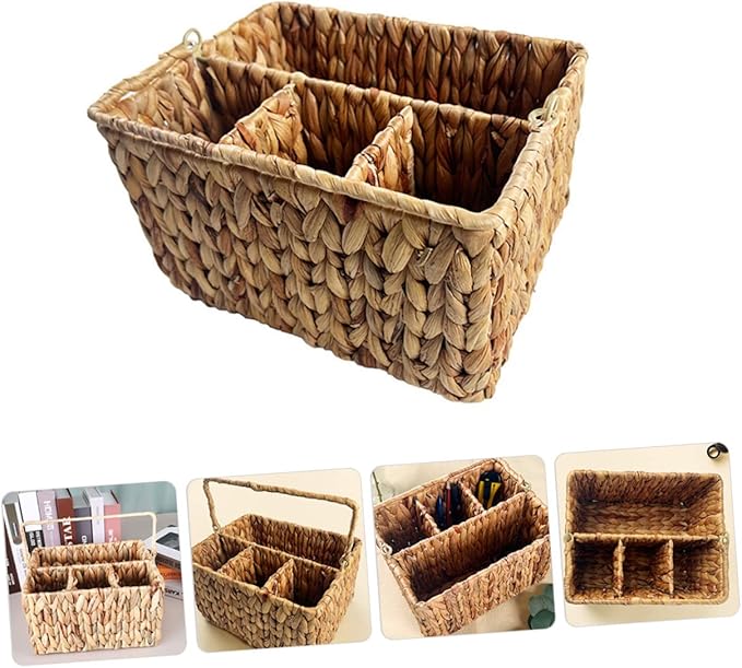 Luxshiny Woven Straw Basket Desktop Organizer Silverware Organizer for Storage Tabletop Multipurpose Kitchen Holder