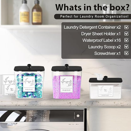 3 Pack Plastic Laundry Pods Container & Dryer Sheet Holder, Laundry Room Organization and Storage Jars with Lids, Scoops & Labels for Detergent, Powder, Scent Booster(Black Lid)