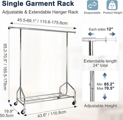 Whitmor Heavy Duty Adjustable Garment Rack-Rolling Clothes Organizer, Black and Chrome