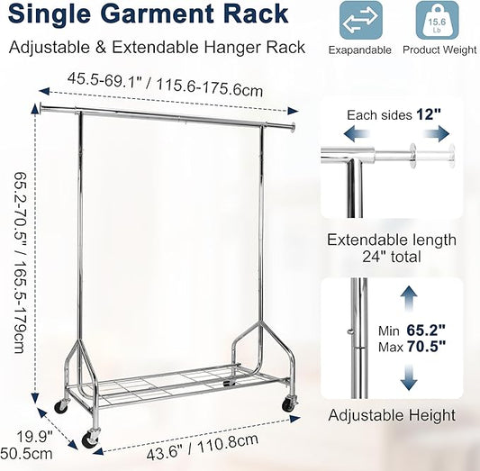 Whitmor Heavy Duty Adjustable Garment Rack-Rolling Clothes Organizer, Black and Chrome