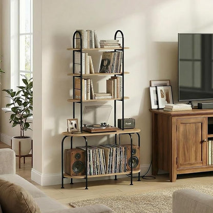5-Tier CD Storage Rack, Record Player Stand with Storage, DVD Organizer Shelf with Adjustable Book Stoppers, Media Storage Rack for CD/DVD, Books, Games, for Living Room, Bedroom, Home Office, Natural