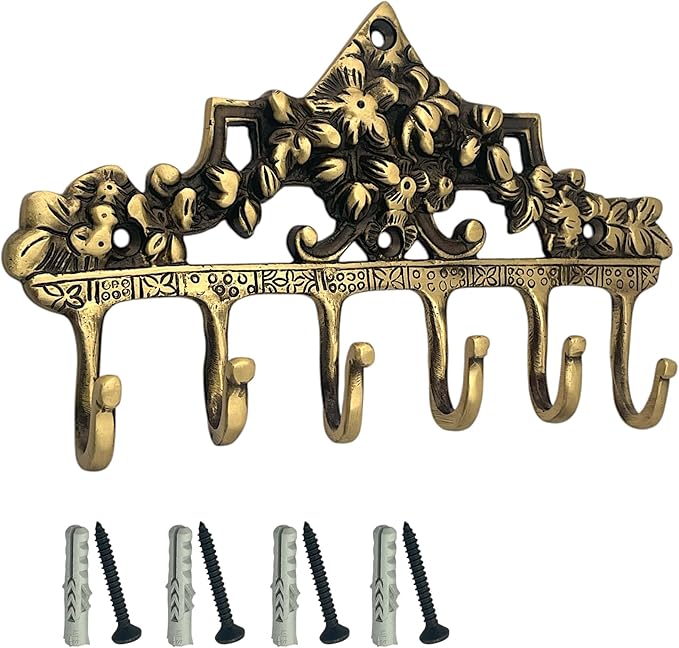 Victorian Brass Wall Hooks for Keys, Vintage Wall Mounted Antique Boho Key Holder for Decor, 6 Prong Decorative Key Hooks, Shabby Chic Towel Hooks Rustic- 1 Piece