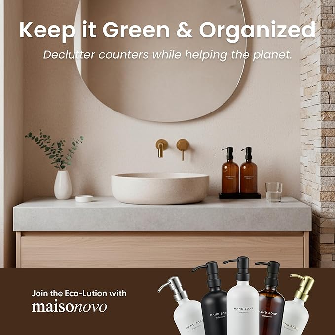 Maisonovo Kitchen Soap Dispenser Set | Hand and Dish Soap Dispenser Set with Handmade Ceramic Vanity Tray and 16 Waterproof Labels | Amber Glass Bottles & Black Pumps