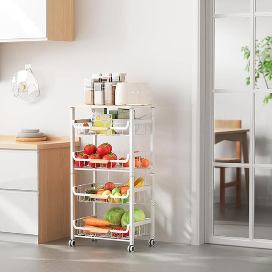 JAQ Fruit Basket for Kitchen, 5-Tier Slide Out Storage Baskets Carts Organizers Drawers with Wood Top Table with Rolling Wheels for Snacks Vegetables Vianderos Para Cocina Modernos (White, 5 Layer)
