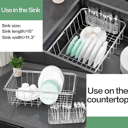 SwetLao Large Sink Dish Drying Rack, Expandable 304 Stainless Steel Metal Dish Drainer Rack Organizer Shelves with Stainless Steel Utensil Holder Over Inside Sink, Rustproof