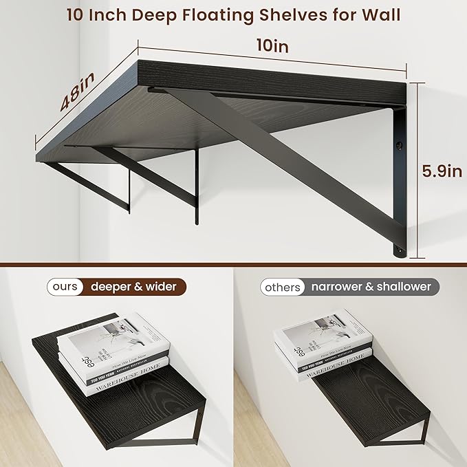 Axeman 48 Inch Floating Shelves | 10 Inch Deep Black Wall Shelves Set of 2 | 48" W x 10" D Black Wood Floating Shelves for Living Room Bathroom Kitchen