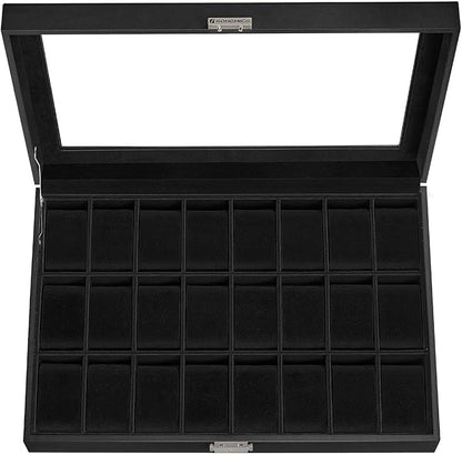 SONGMICS 24-Slot Watch Box, Lockable Watch Storage Case with Glass Lid, Gift Idea, Ink Black Synthetic Leather, Ink Black Lining UJWB024B02