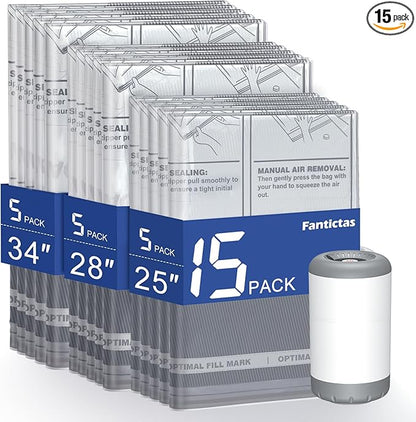 Fantictas Travel Vacuum Storage Bags with Rechargeable Air Pump, 15 Pack Portable Space Saver Bags, Compression Bags for Clothing, Bedding, Seasonal Storage & Packing Bags for Moving