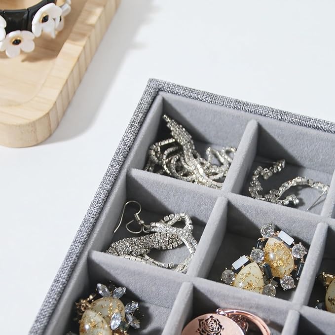 Stackable Jewelry Organizer Tray For Drawers,White Leather Small Earring Storage Tray,Bracelet And Necklace Display Box,Jewelry Ring Display Case (Gray White 24 Grids)