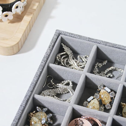 Stackable Jewelry Organizer Tray For Drawers,White Leather Small Earring Storage Tray,Bracelet And Necklace Display Box,Jewelry Ring Display Case (Gray White 24 Grids)