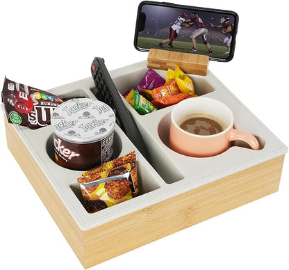Couch Cup Holder Tray, Handy Silicone Bamboo Couch Caddy with Rotatable Phone Holder for Bed Car Seat Organizer, Waterproof Anti-Spill Sofa Cup Holder for Snacks Beverage Remote (White)