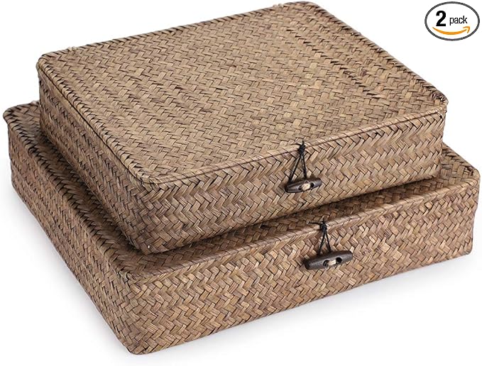 Hipiwe Set of 2 Flat Woven Wicker Storage Bins with Lid Natural Seagrass Basket Multipurpose Home Boxes for Shelf Organizer (Coffee)