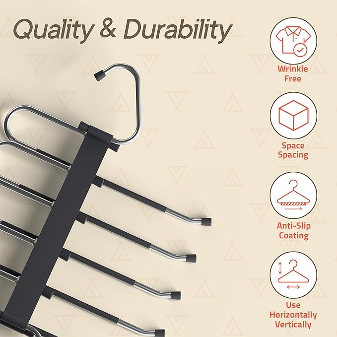 Campior Space Saving Pants Hangers 2 Pack, 6 Layer Jeans Hangers and Closet Organizer for Jeans, Scarves, & Skirts, Multi-Layer Hanger with Anti-Slip Stopper, Heavy-Duty S-Type Stainless Steel, Gray