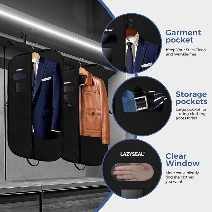 2 Pack 43" Garment Bag for Closet Storage and Travel, Tear-Resistant Waterproof Dustproof, Suit Bag for Hanging Clothes with Zippers and Pocket, Durable 600D Oxford Fabric for Suits, Dresses