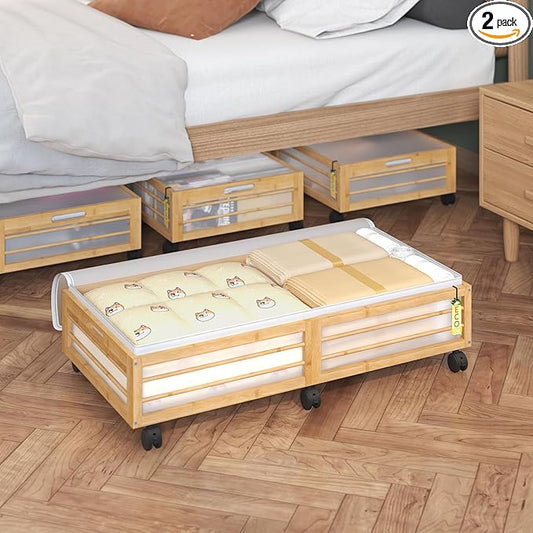 Bamboonova Bamboo Underbed Storage Containers with Wheels & Bag 2 Pack, Large Under Bed Rolling Storage Bins Wood Under Bed Clothes Storage Stackable Drawers for Bedroom Closet Under Crib Toy(Natural)