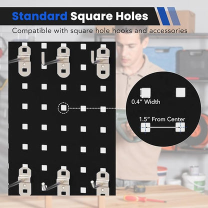 Pegboard Wall Organizer, 3 Pieces Metal Pegboard Panels with 25 Hooks, Storage Platform & Square Hole, Pegboard Kit for Utility Tools, Garage & Workshop(Black)