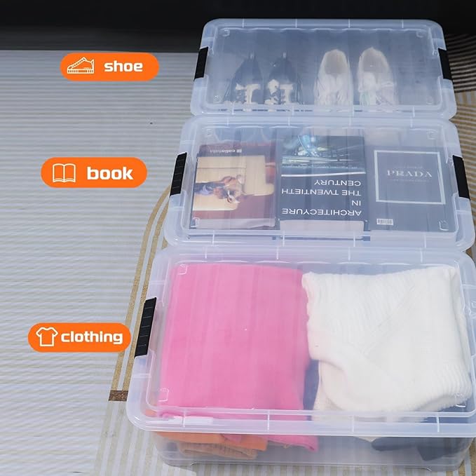 Yesdate 3-Pack 20 Quart Plastic Wheeled Latching Storage Boxes, Stackable Underbed Organizer Bins with Lid, Clear