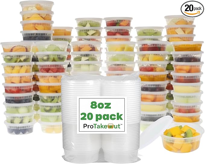 ProTakeOut 8oz [20 set] Heavy Duty Plastic Deli Container | BPA-Free Food Storage with Airtight Leak‑Proof Lids | Microwave, Freezer & Dishwasher Safe – Stackable, Bulk Reusable Soup & Meal Prep Tub