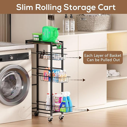 4 Tier Slim Rolling Storage Cart with Pull-Out Baskets, Narrow Sliding Storage Slim Laundry Rolling Cart Between Washer and Dryer