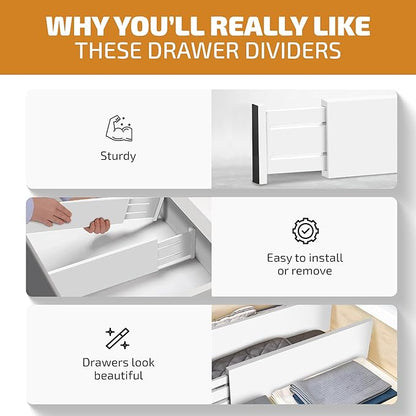 6 Pack Drawer Dividers 4 Inch High, 11”-17" Adjustable Bamboo Organizers Large Expandable Drawer Separators for Cloths, Dresser, Bedroom, Bathroom, Baby Drawer, Office & Kitchen Utensils (White)